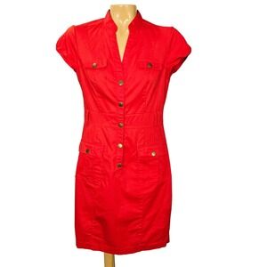 H&M Red Cotton Stretch Button Front Short Cap Sleeve Utility Dress Womens Size 8